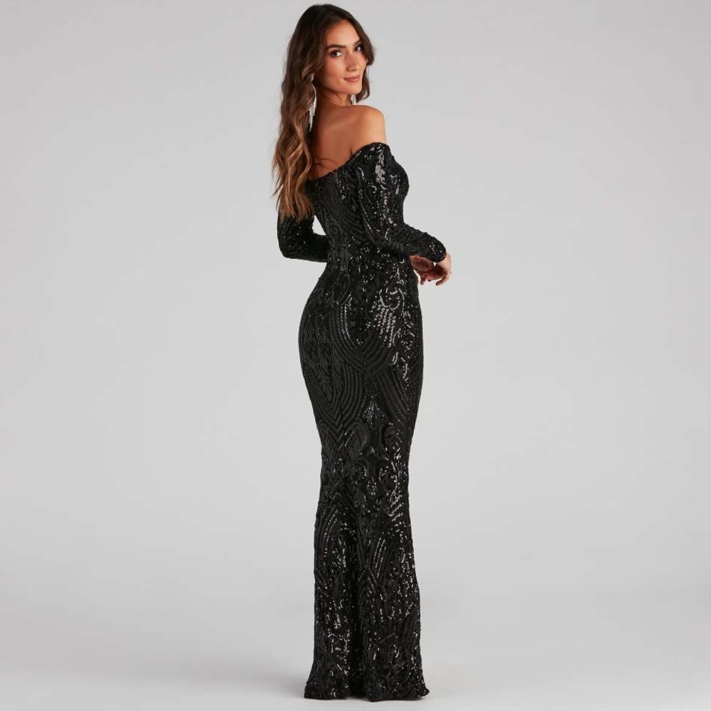 Long formal off-the-shoulder black sequin dress